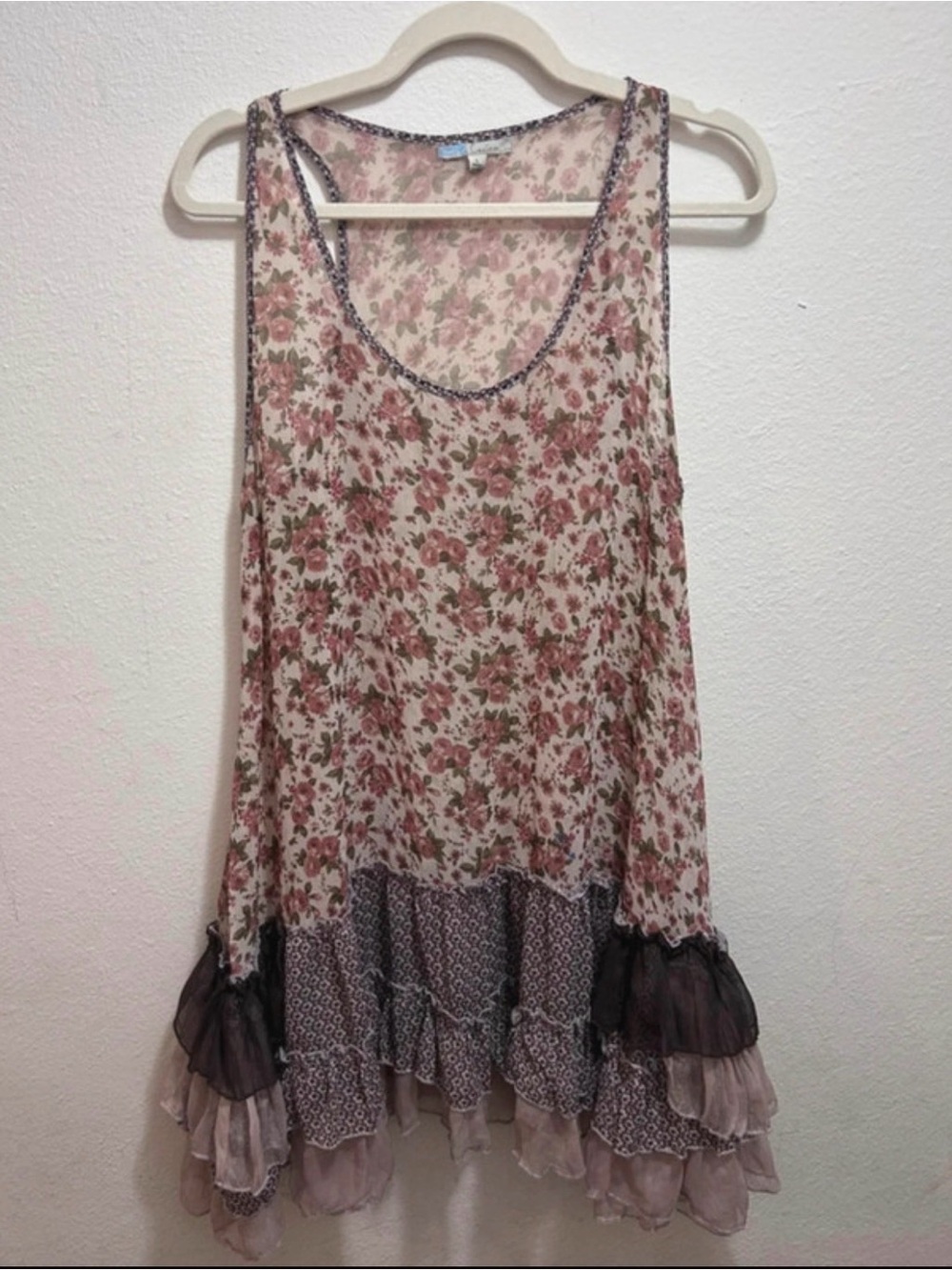 Cecico Bohemian Tunic Top Multi Layer Ruffles Cottagecore Large Roses - Picture 2 of 9